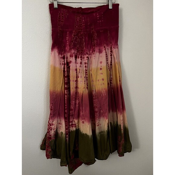 Solitaire Tie Due Maxi Skirt Flowy Pink Green  Boho Hippie Comfort Waist Size L - Picture 1 of 8
